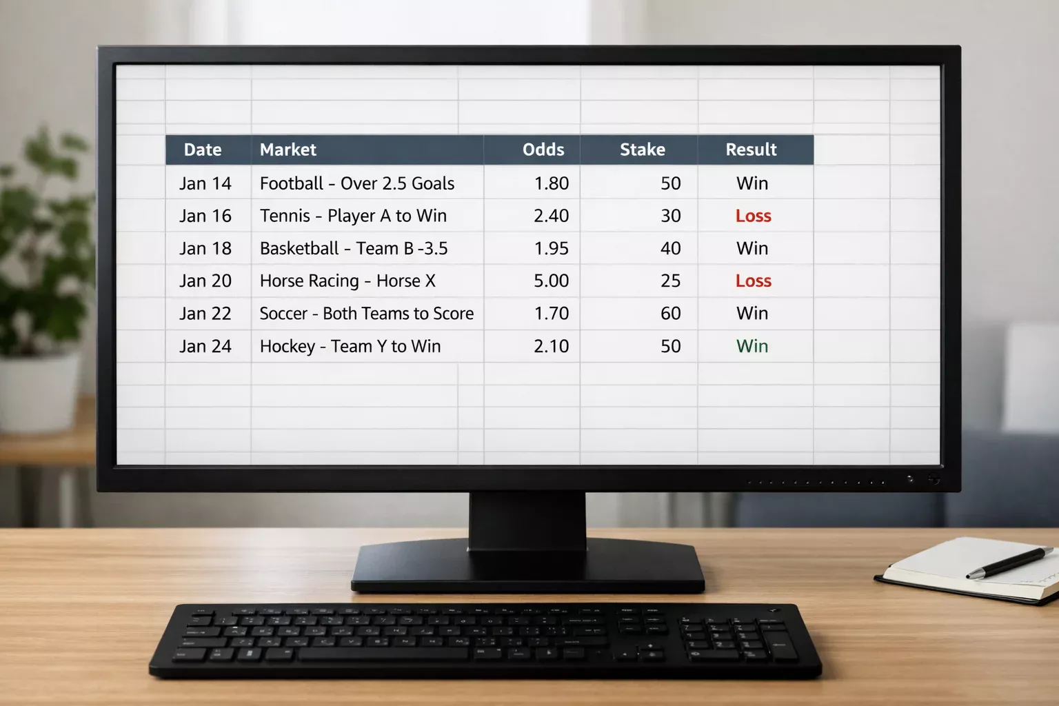 Computer screen displaying a betting tracker spreadsheet with rows of data