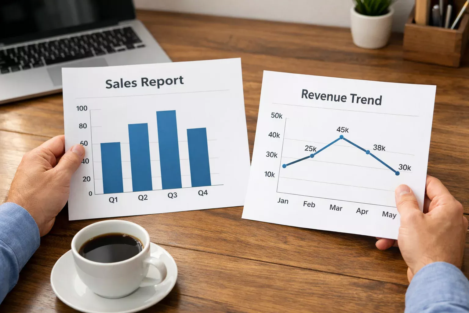 Person reviewing data charts and graphs on paper documents