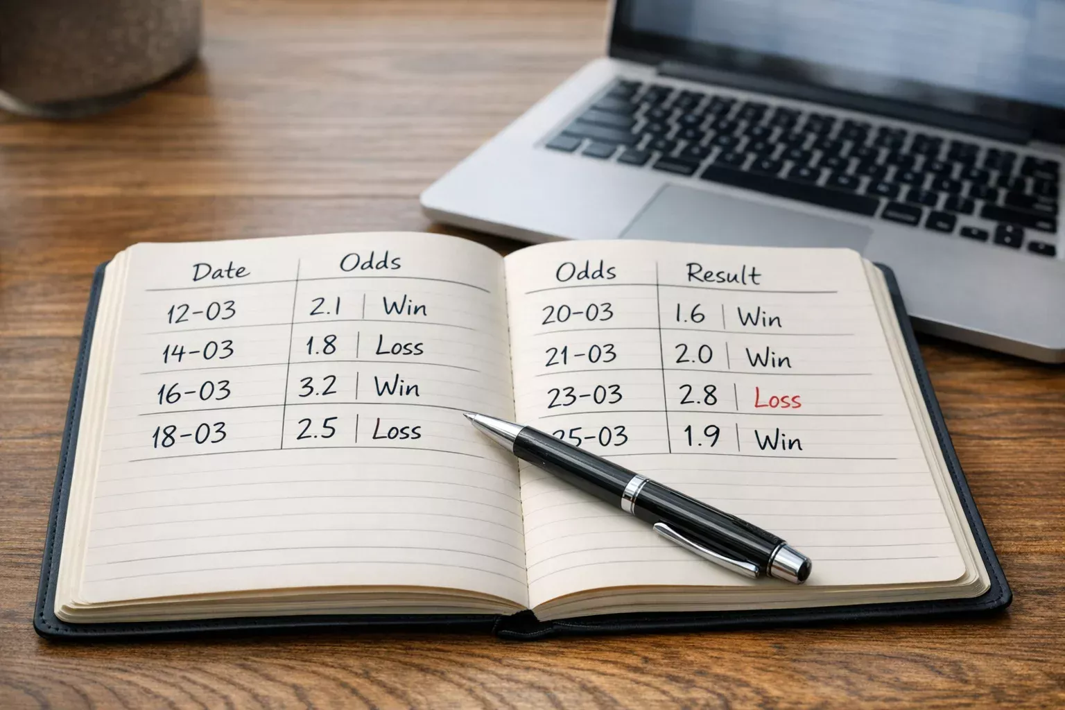 Notebook with handwritten betting records and calculations next to a laptop