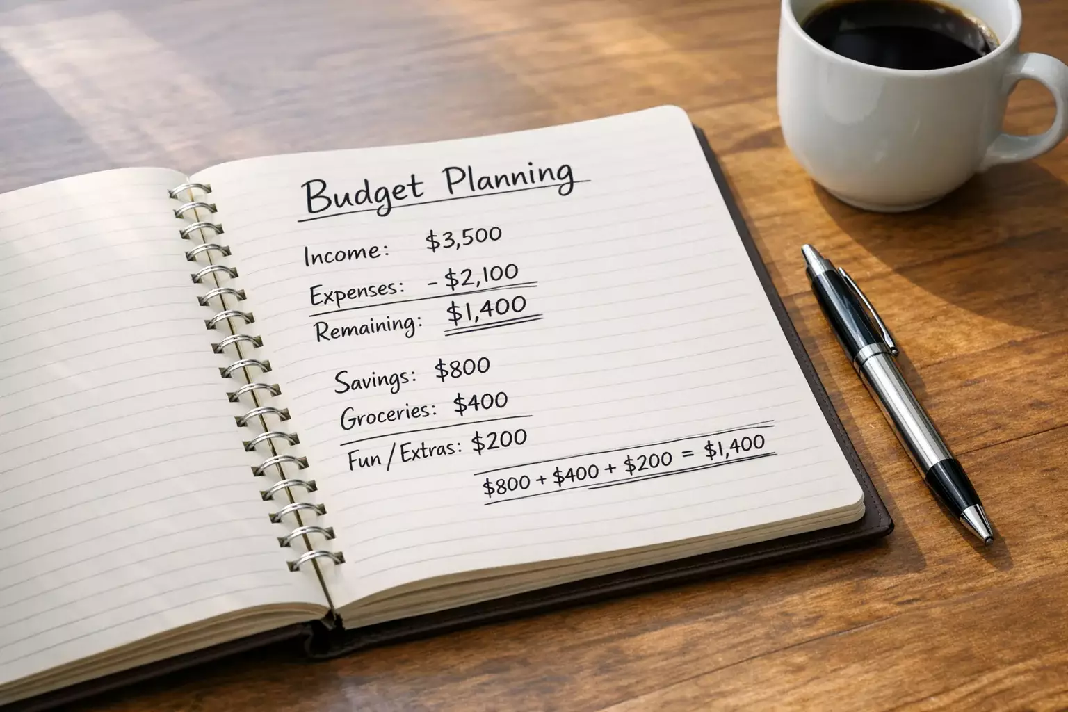 Notepad with budget calculations and a pen on a desk