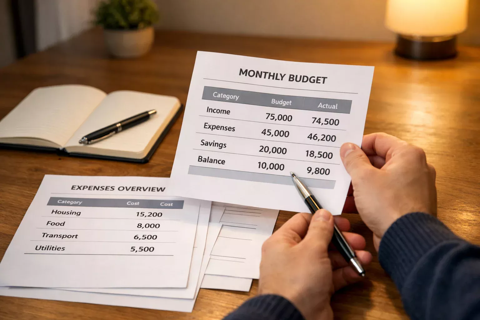 Person reviewing monthly financial documents at a desk