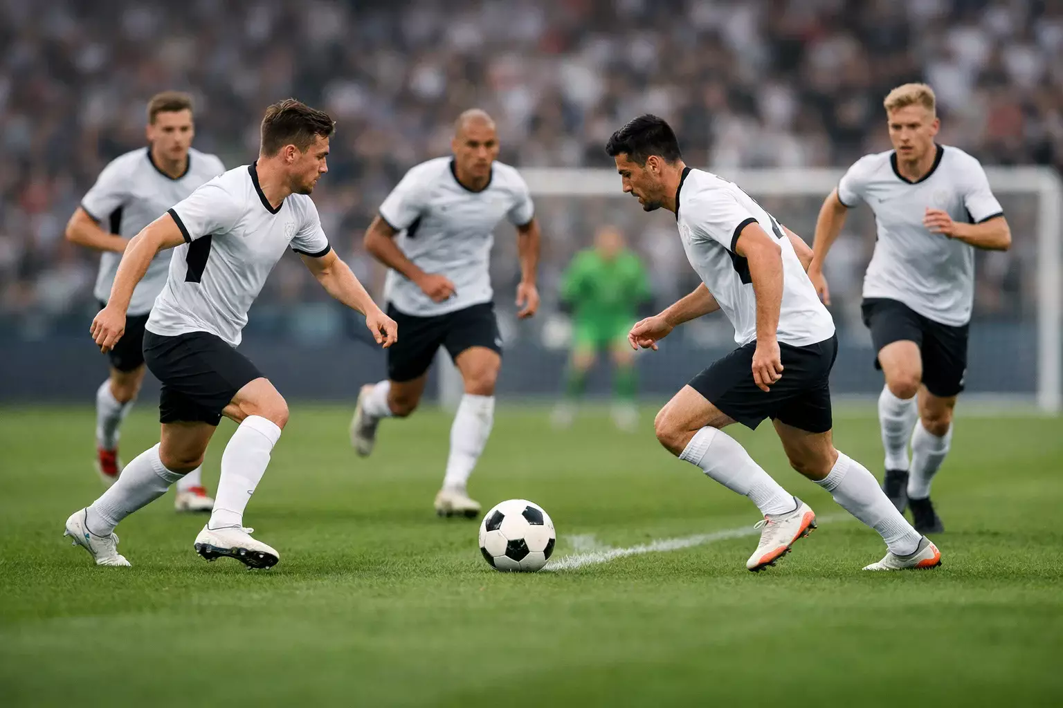 Football team pressing forward in attacking play during a match