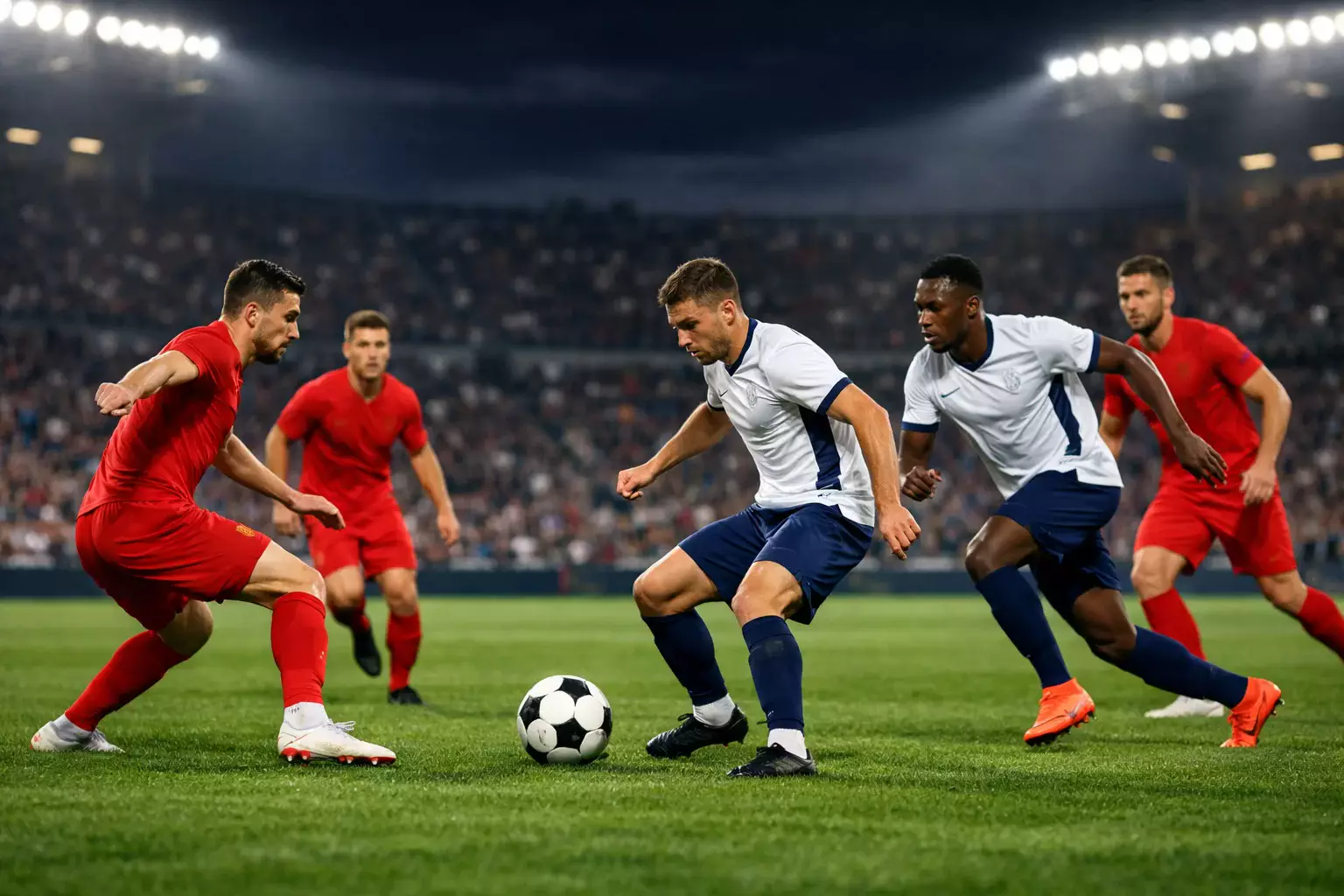 Football match in progress at a stadium with players competing on the pitch
