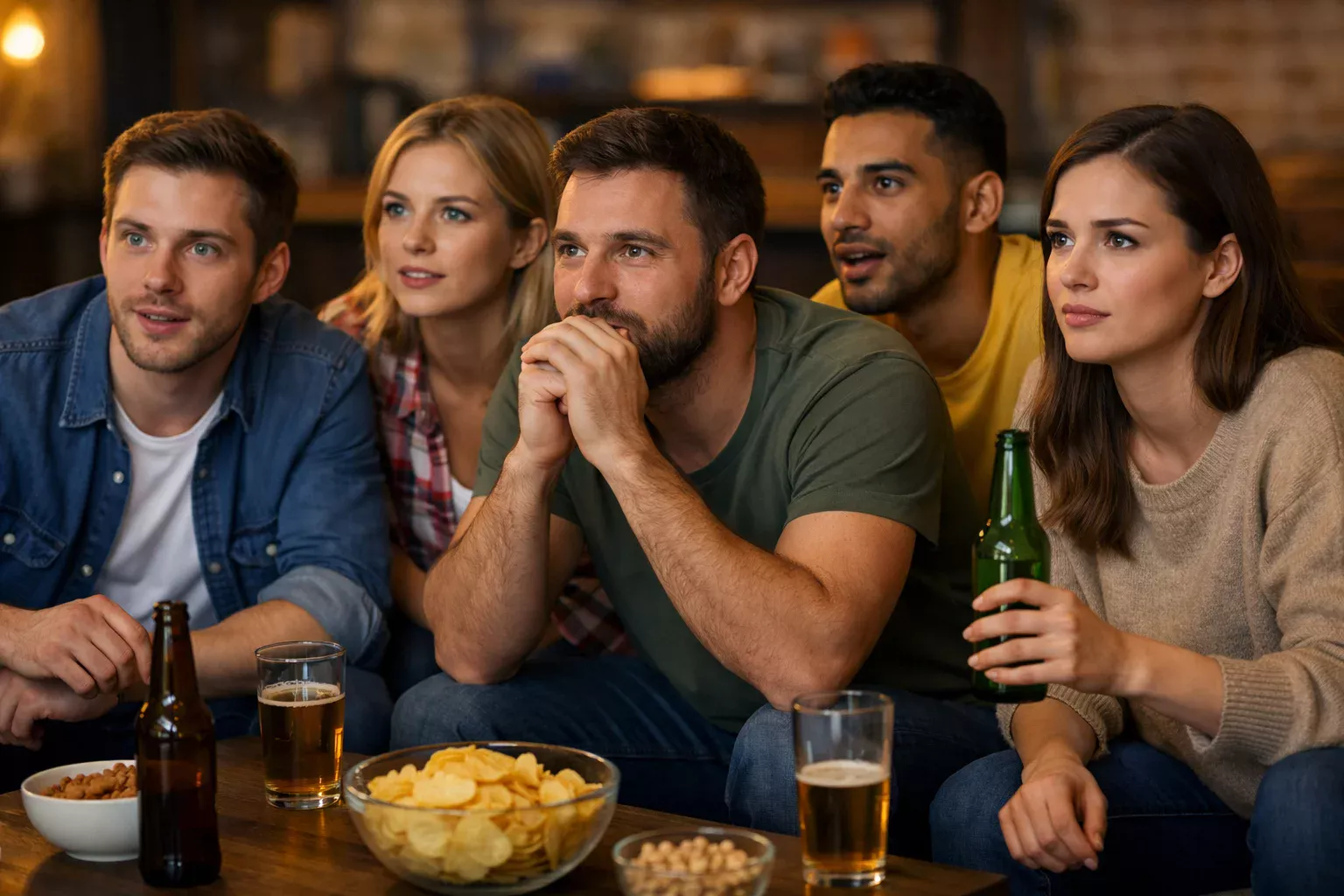 Group of friends watching football together in a social setting