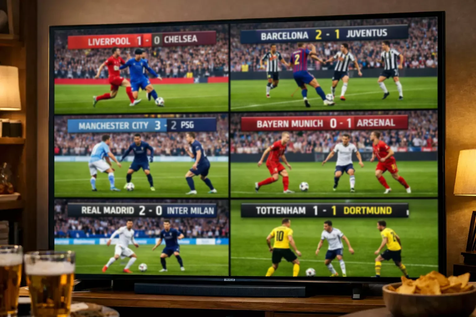 Screen showing multiple football matches and scores simultaneously