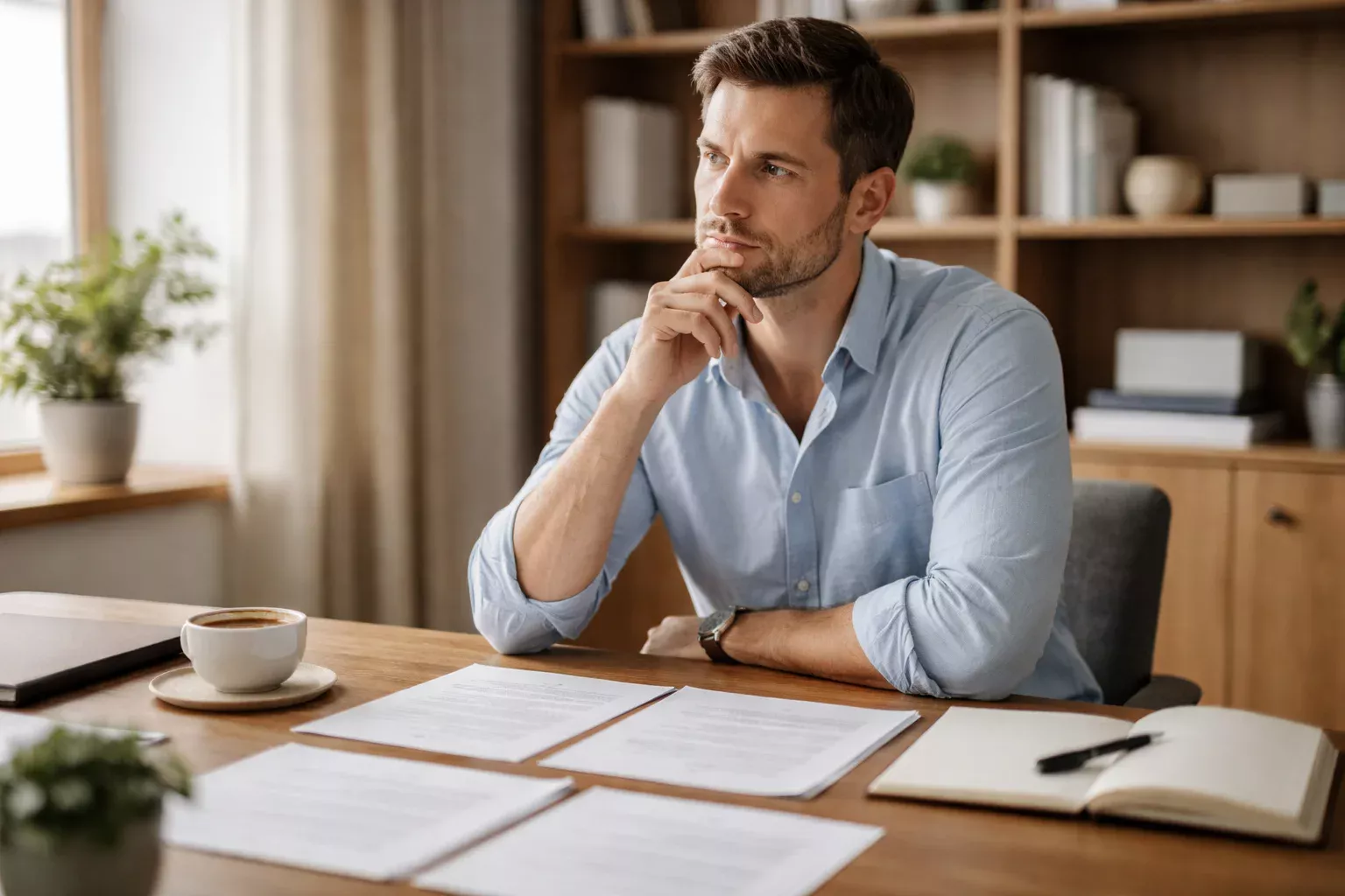 Person at a desk engaged in analytical thinking with notes