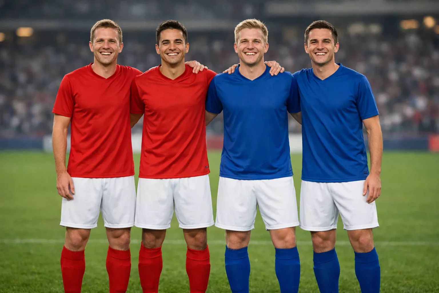 Football team celebrating an unexpected victory on the pitch