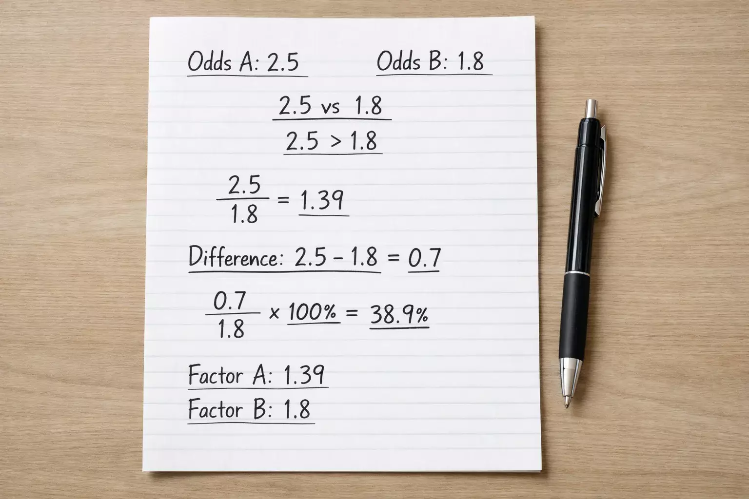 Paper showing odds calculations and comparisons written by hand