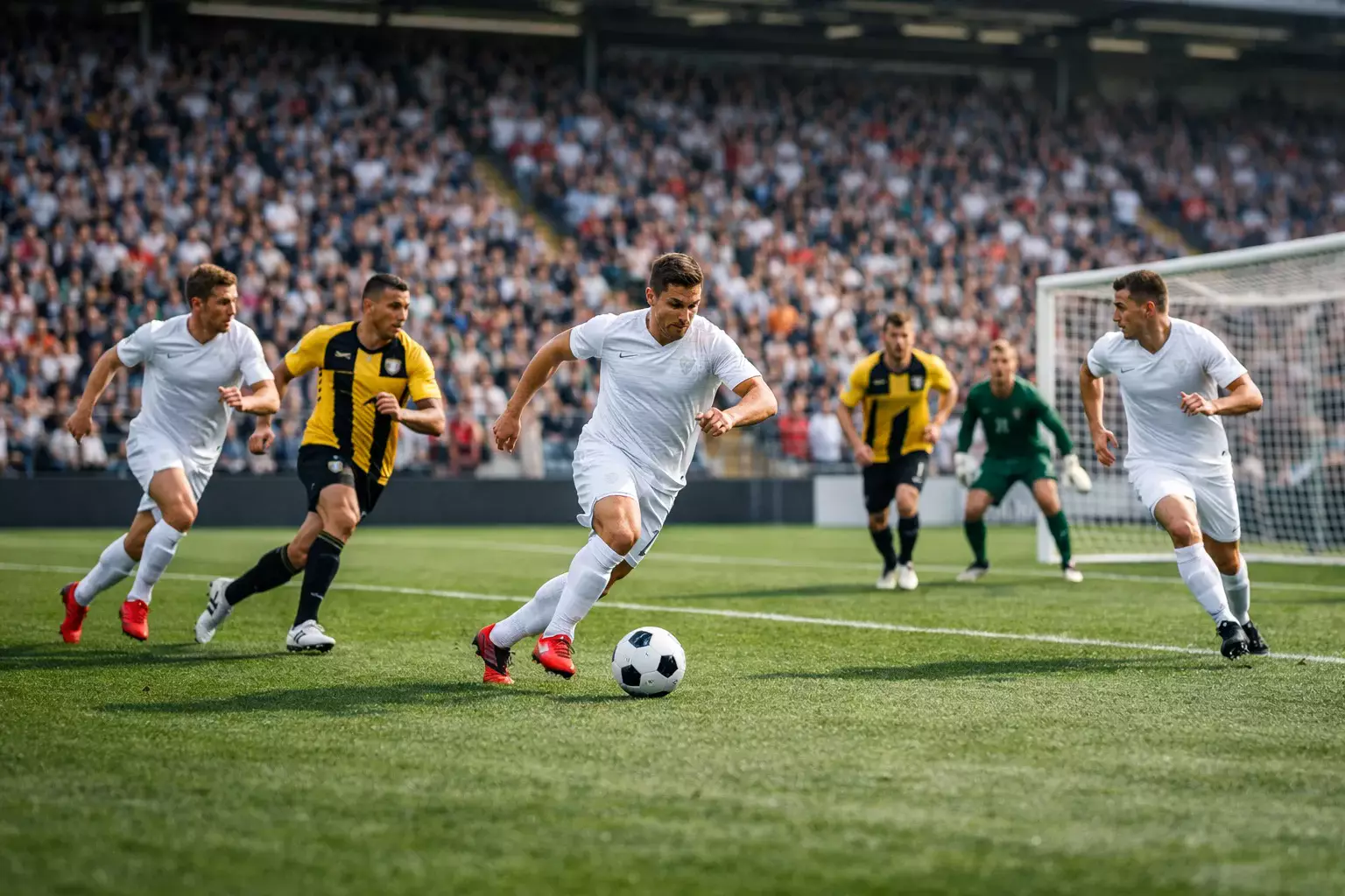 Football attacking players making a run towards goal during open play