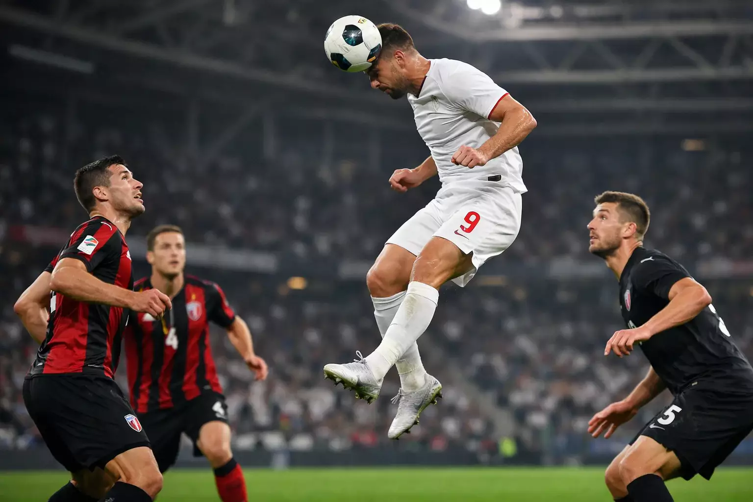 Football forward jumping to head a cross into the goal during a match