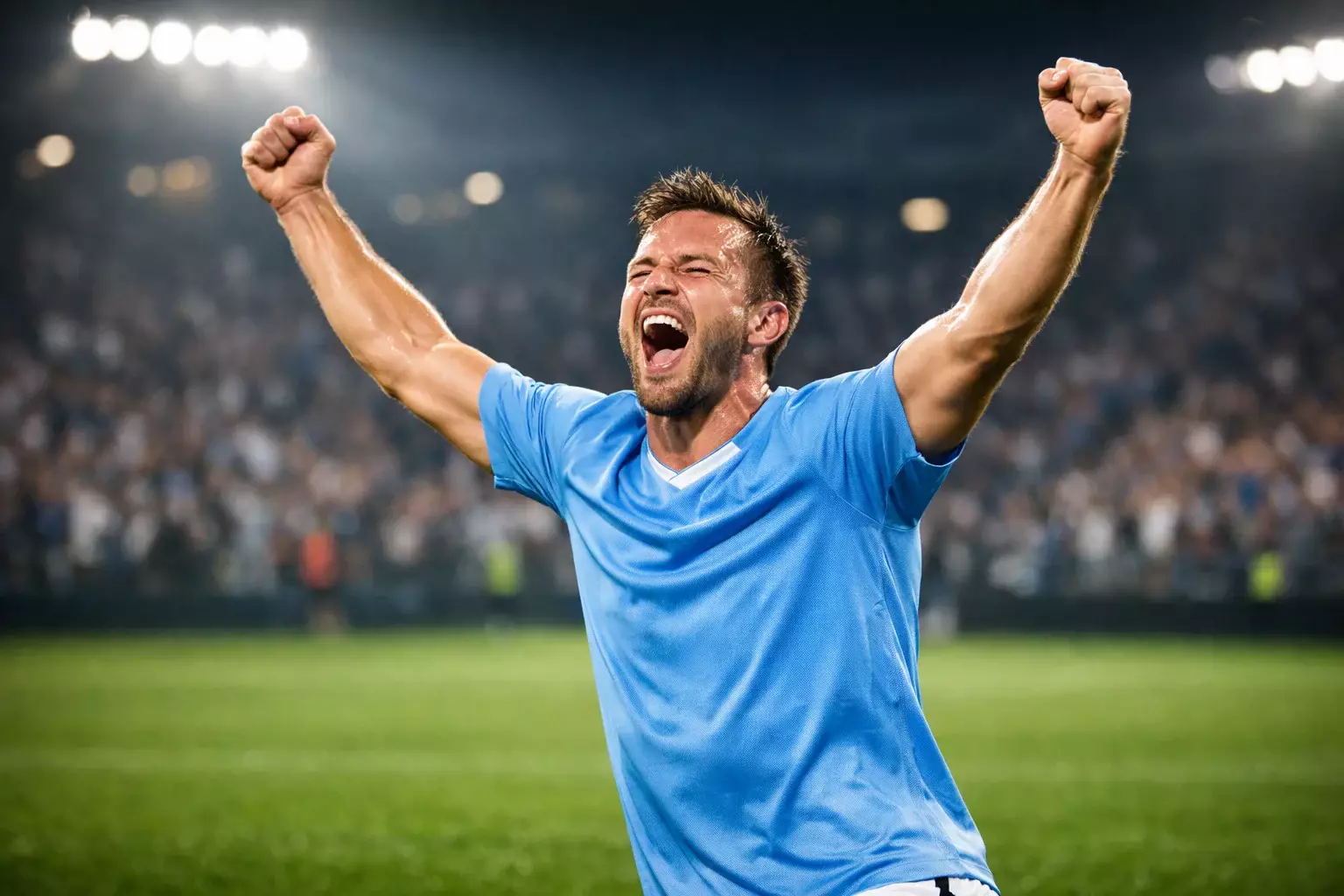 Football striker celebrating after scoring a goal with arms raised