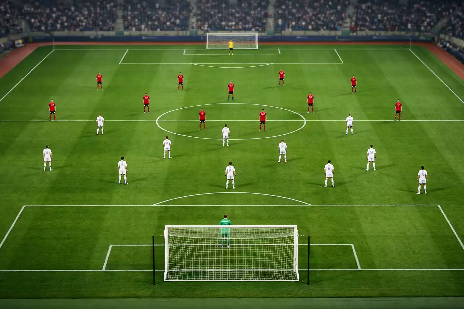 Football pitch from elevated angle showing tactical team positioning