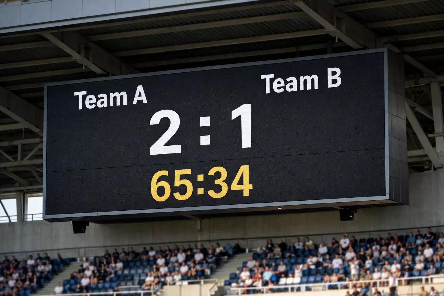 Stadium scoreboard showing match score and time