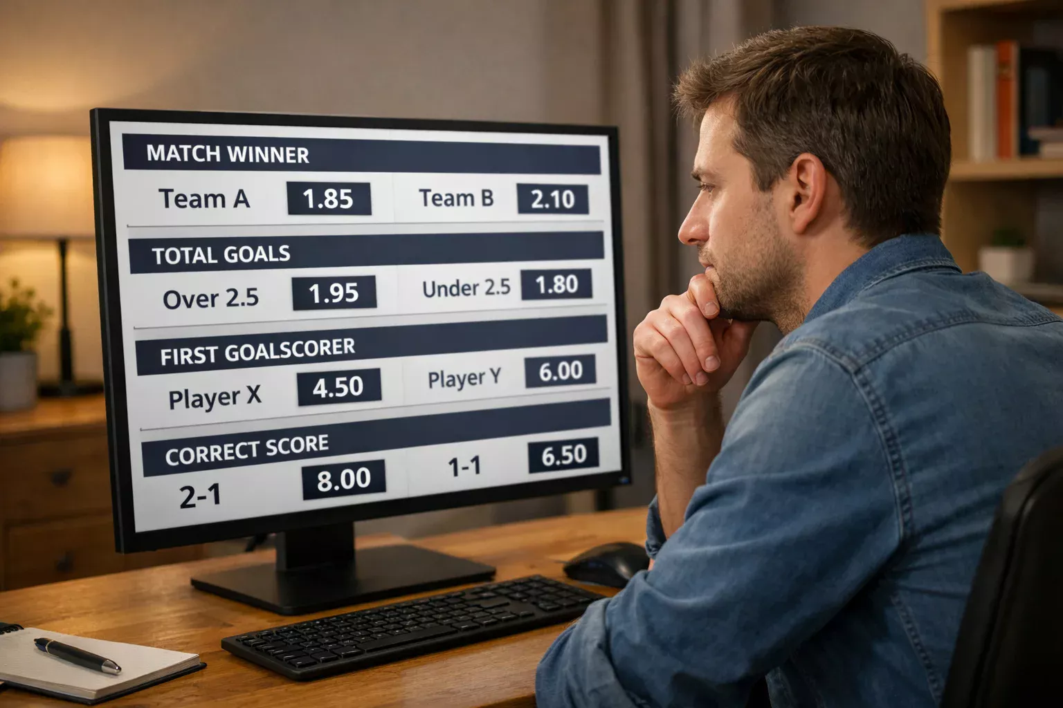 Person studying betting markets on a computer screen