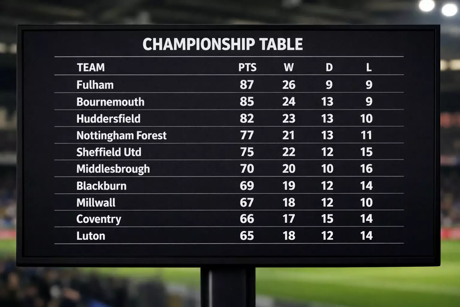Sports display screen showing the Championship league standings table