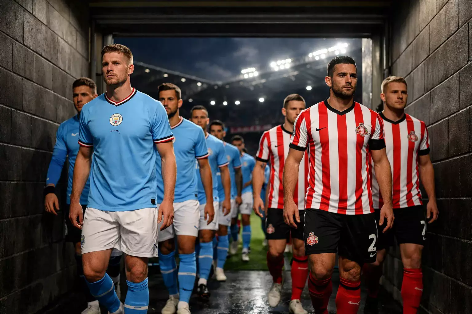 Football players from two rival teams walking out of the tunnel onto the pitch before a match