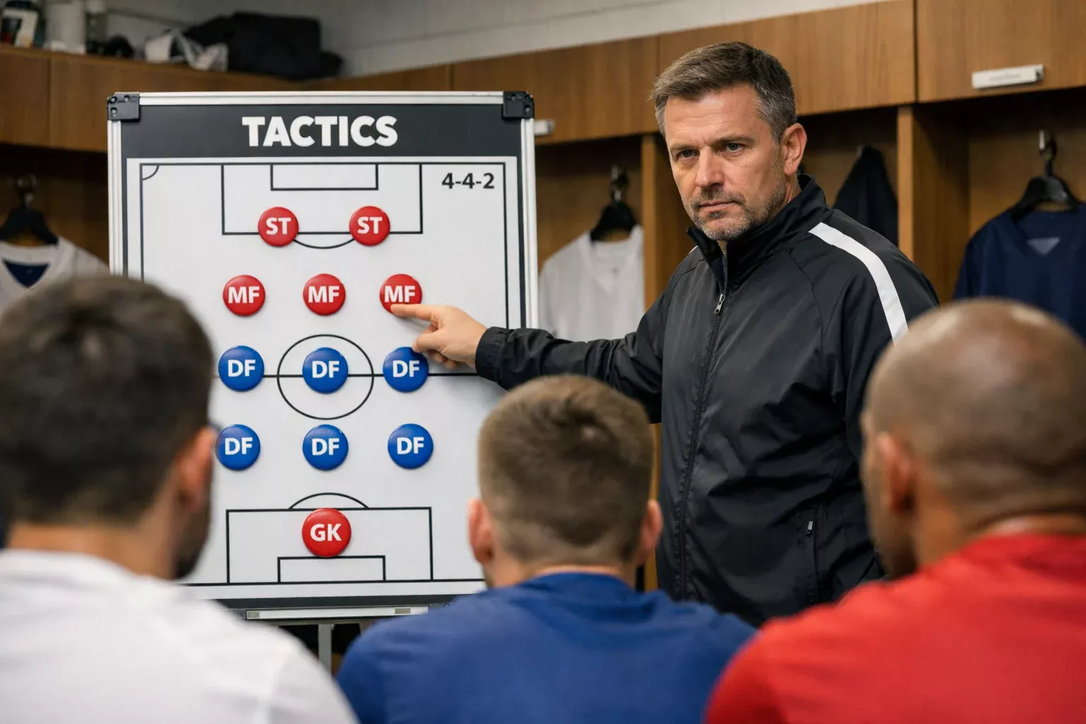 Football manager pointing at a tactical board during a team meeting