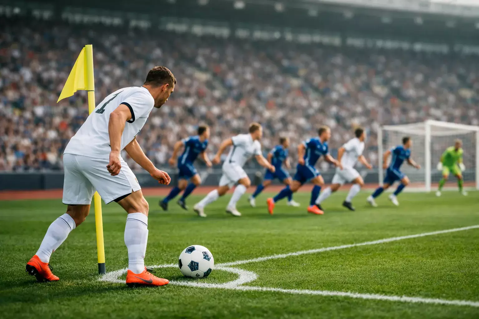 Football player taking a corner kick with teammates positioned in the penalty area