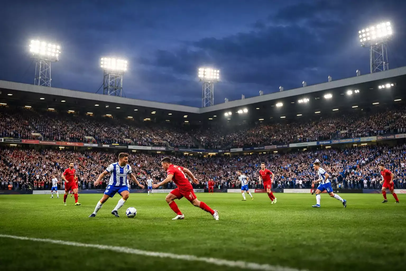 Packed English football stadium during a Championship match with passionate supporters
