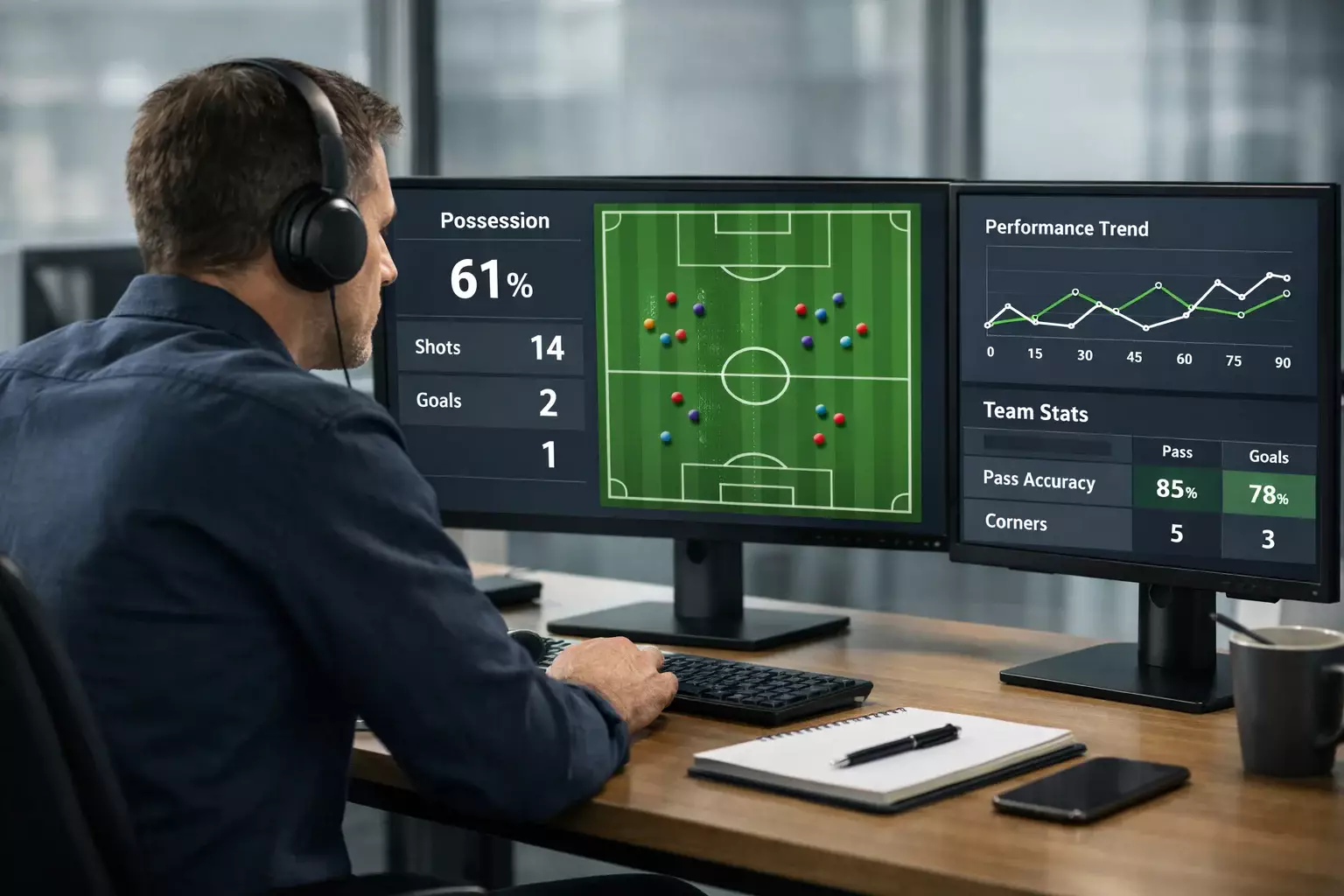 Sports analyst reviewing football match data and statistics on multiple screens