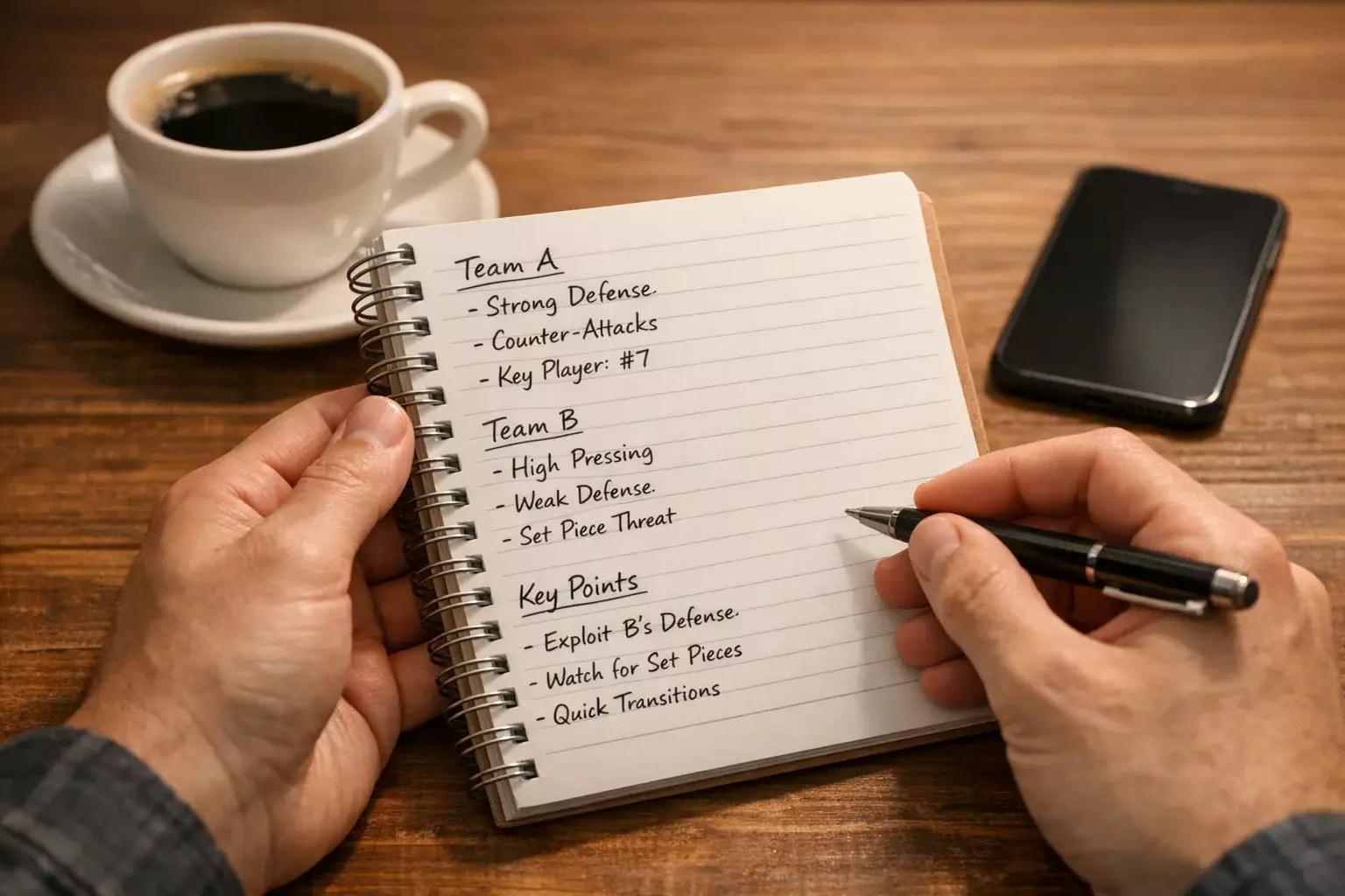 Person studying handwritten football analysis notes at a desk