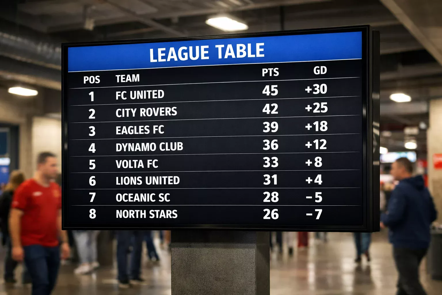 Football league standings displayed on a stadium information board
