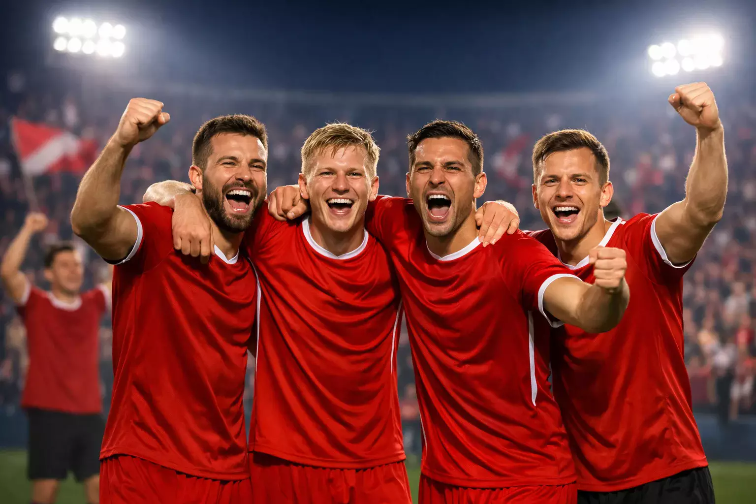 Football players celebrating promotion on the pitch with fans cheering in the stands