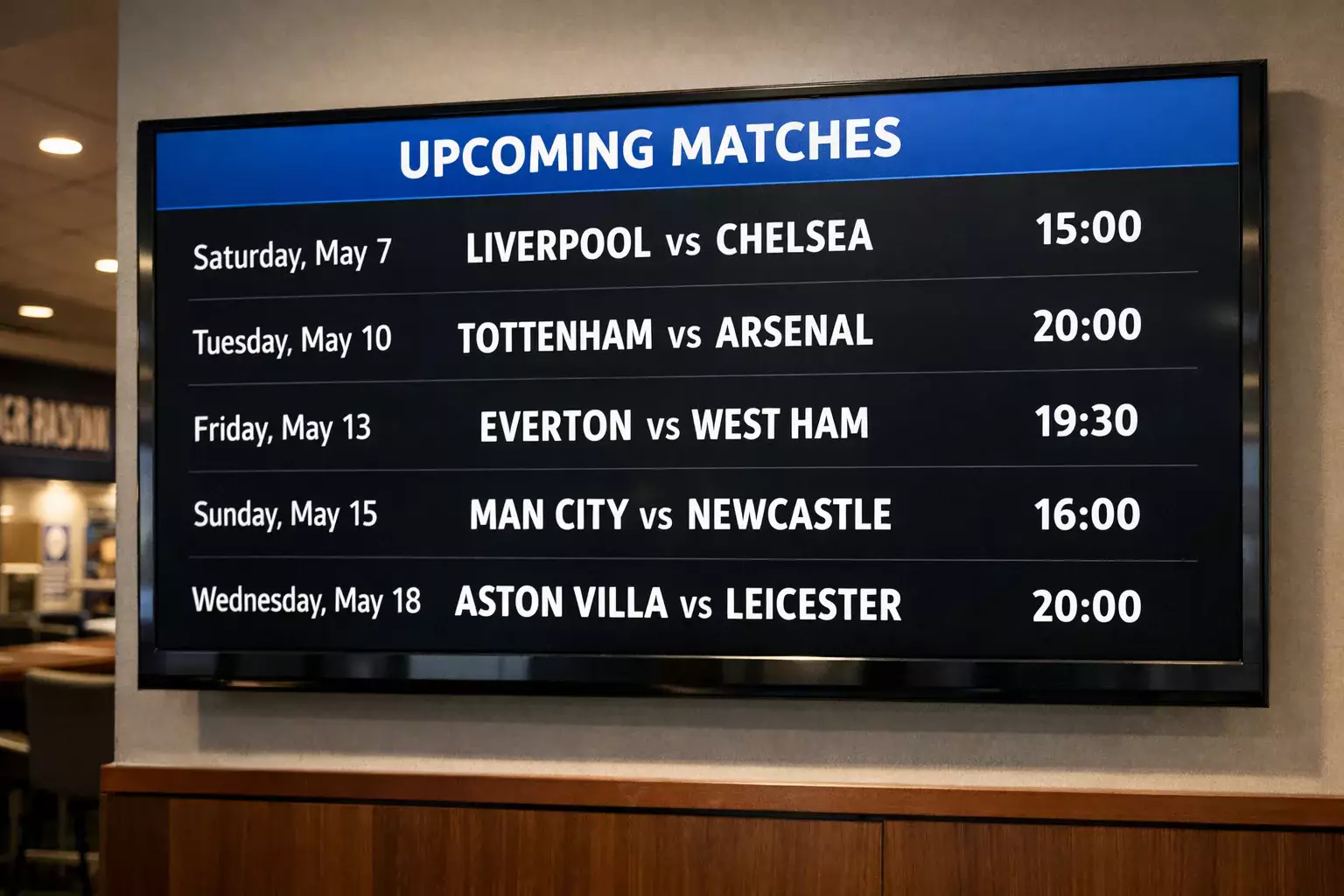 Football fixture schedule displayed on a board showing upcoming matches