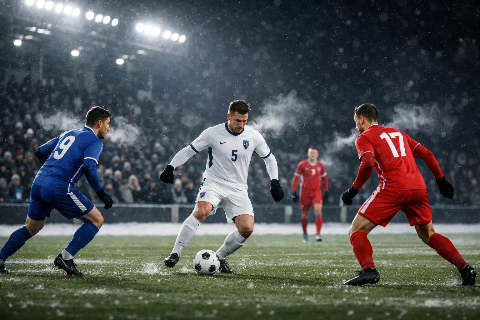 Football match being played at a stadium during winter evening with floodlights on