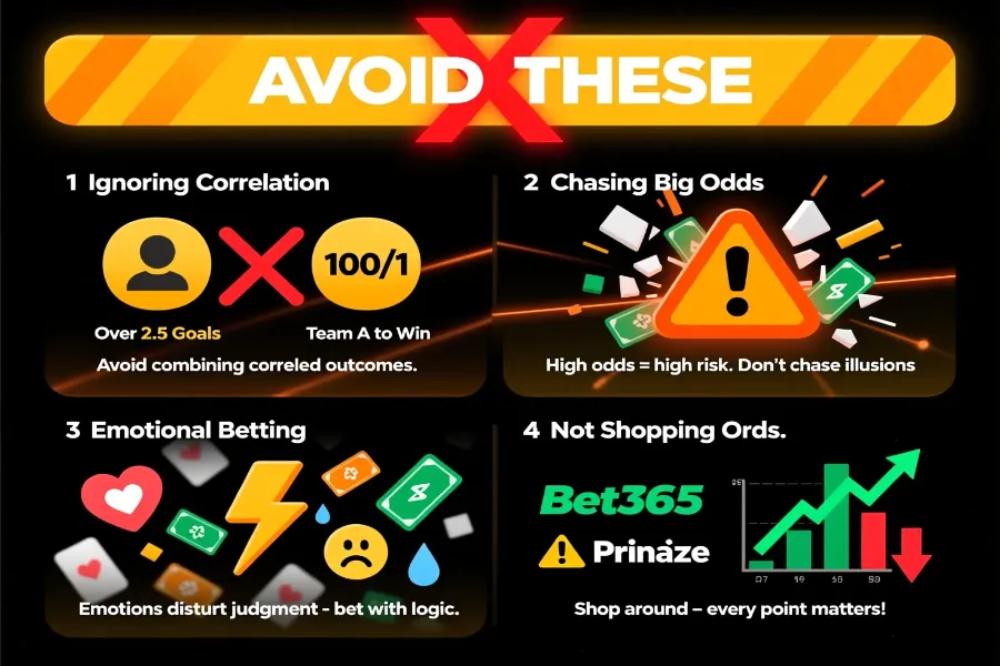 Warning infographic showing four common bet builder mistakes including ignoring correlation and chasing big odds