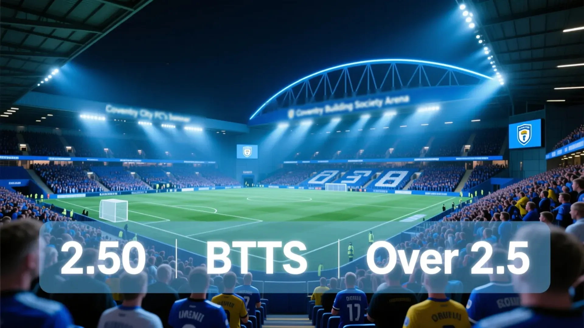 Coventry City FC stadium illuminated at night with vibrant blue lights and packed crowds during a Championship match
