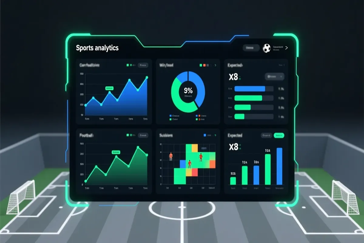 Advanced football analytics dashboard displaying performance metrics, xG statistics, heat maps, and data visualization charts for match analysis