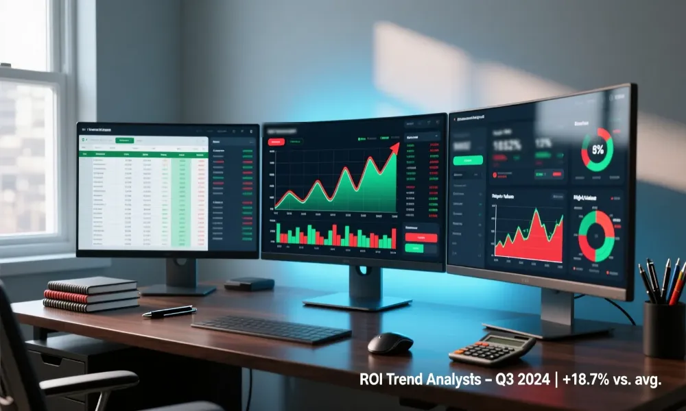 Multiple monitor setup displaying betting performance tracking spreadsheets and charts