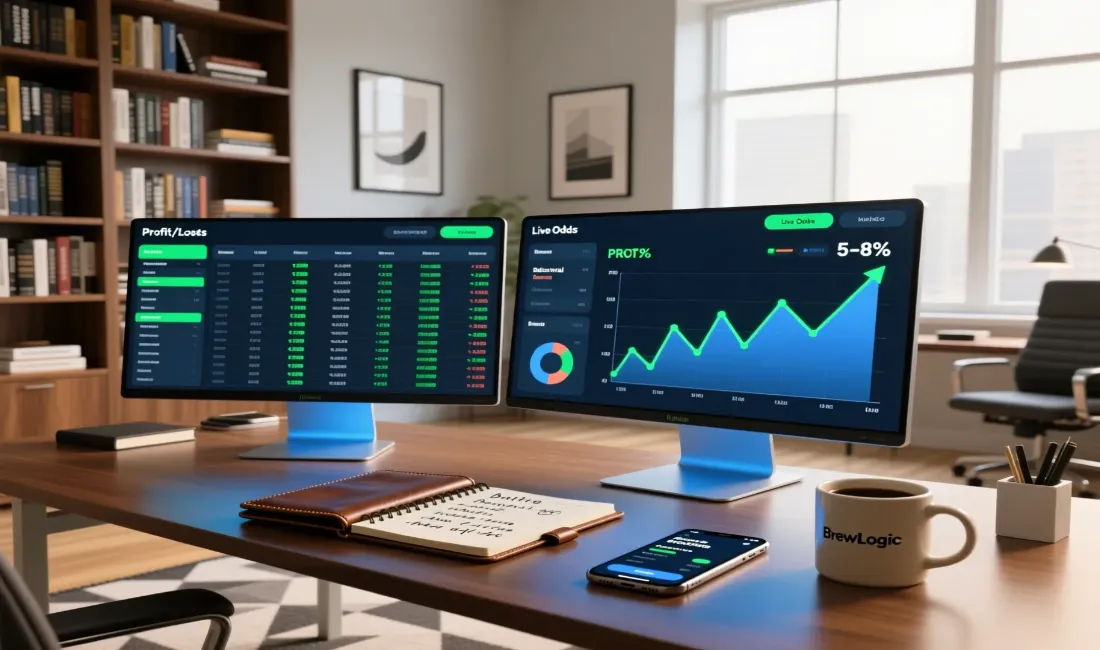 Professional betting workspace with dual monitors showing betting spreadsheets, ROI charts, statistical analysis, and organized research materials
