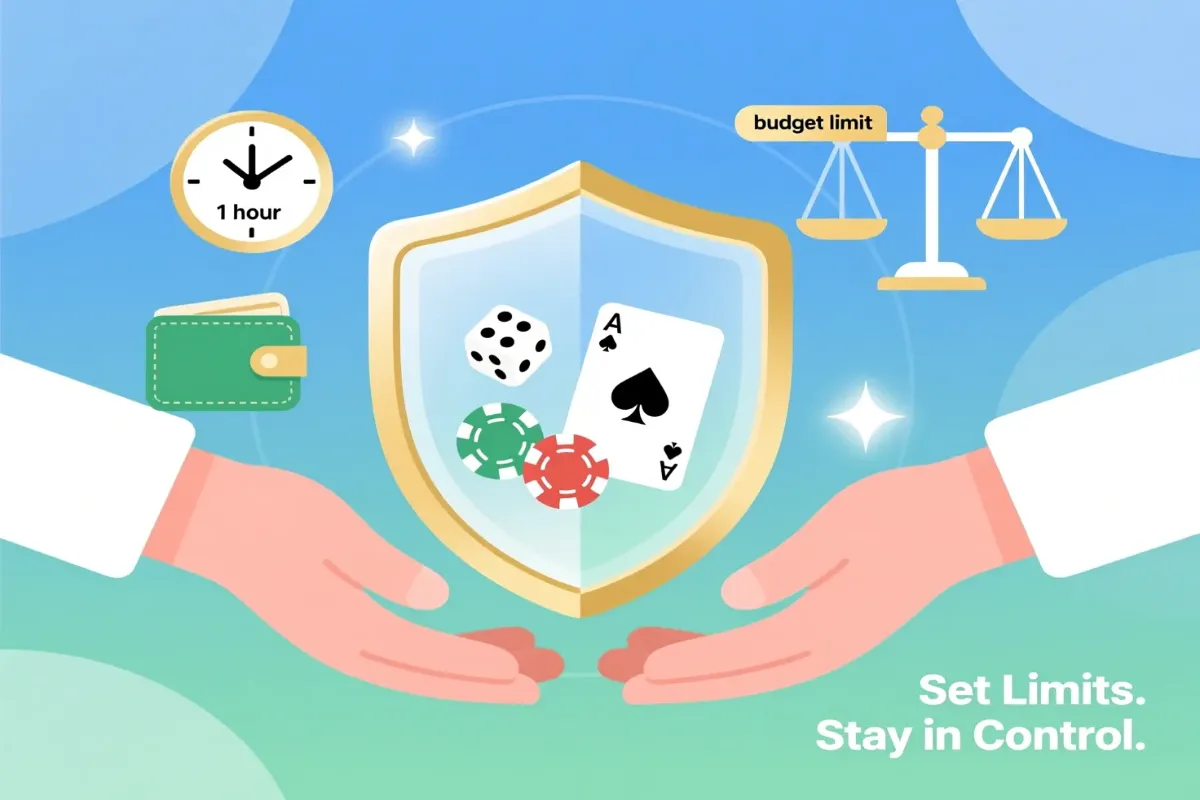 Supportive illustration representing responsible gambling practices with protective symbols, limit-setting tools, and safety measures for healthy betting habits