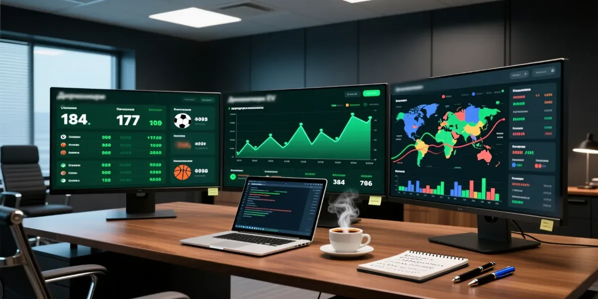 Professional sports betting analytics dashboard with multiple monitors