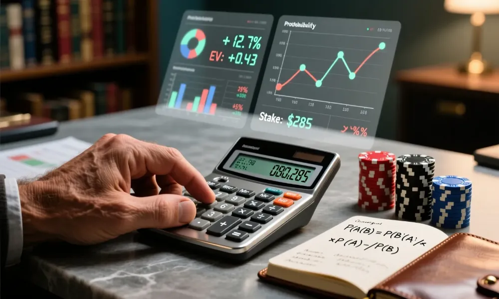 Professional bettor calculating unit sizes with calculator and spreadsheet