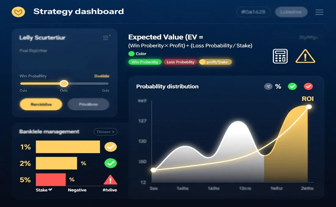 Value betting strategy visualization showing expected value formula, Kelly Criterion calculator, bankroll management, and ROI analysis charts