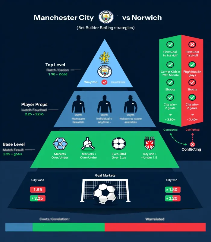 Strategic pyramid showing winning bet builder components from match result foundation to tactical events with correlation examples